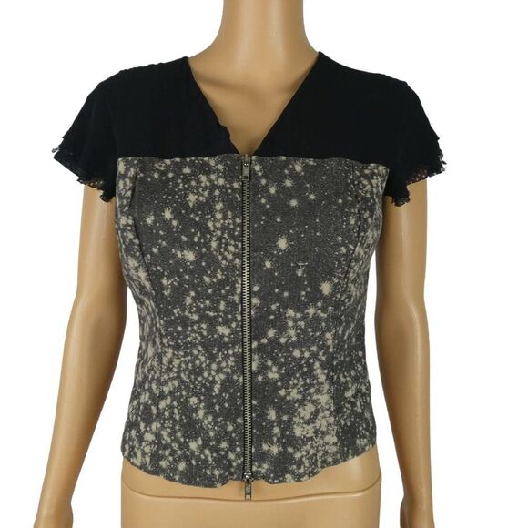 Zoomp Y2K V Neck Full Zip Acid Splatter Tie Dye Top Raw Hem Double Sleeve Punk - Picture 1 of 10